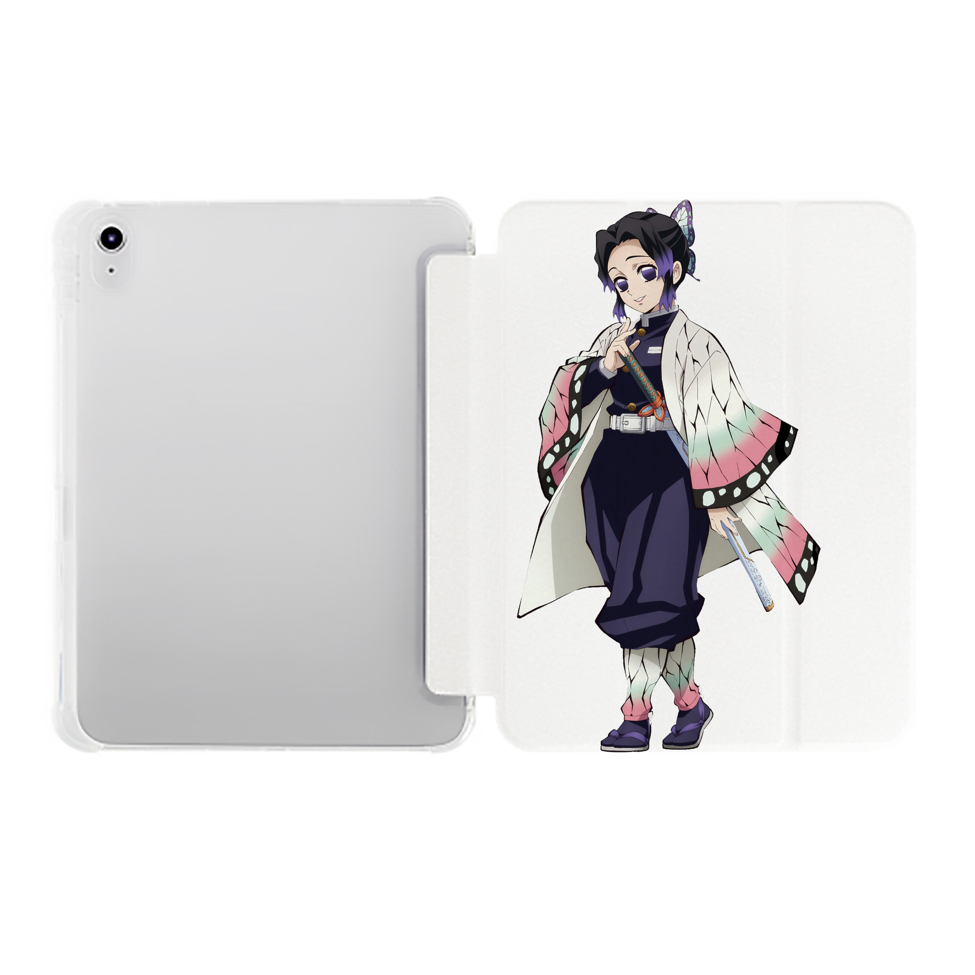 （画像用） 鬼滅の刃（きめつのやいば）蟲柱-胡蝶 しのぶ／こちょう しのぶ Kochou Shinobu IPad ケース ペン収納付き 三つ折りスタンド PUレザー×シリコン 対応機種9.5/10.5/10.9インチ
